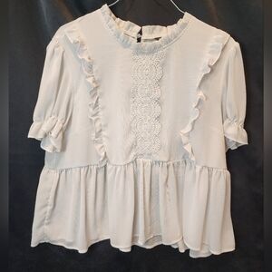 Shein Curve Ruffle Peplum Blouse 2XL White Swiss Dot Victorian Puff Sleeves Lace